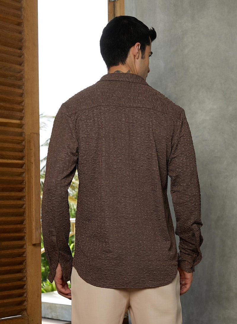 Campus Sutra Campus Sutra Men's Chocolate Brown Bloom-Textured Shirt For Casual Wear | Spread Collar | Long Cuffed Sleeves | Button Closure | Shirt Crafted With Comfort Fit For Everyday Wear  - Image 5