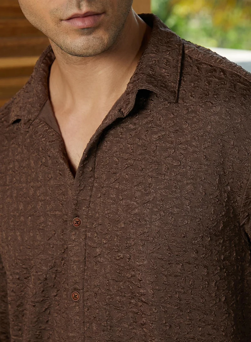 Campus Sutra Campus Sutra Men's Chocolate Brown Bloom-Textured Shirt For Casual Wear | Spread Collar | Long Cuffed Sleeves | Button Closure | Shirt Crafted With Comfort Fit For Everyday Wear