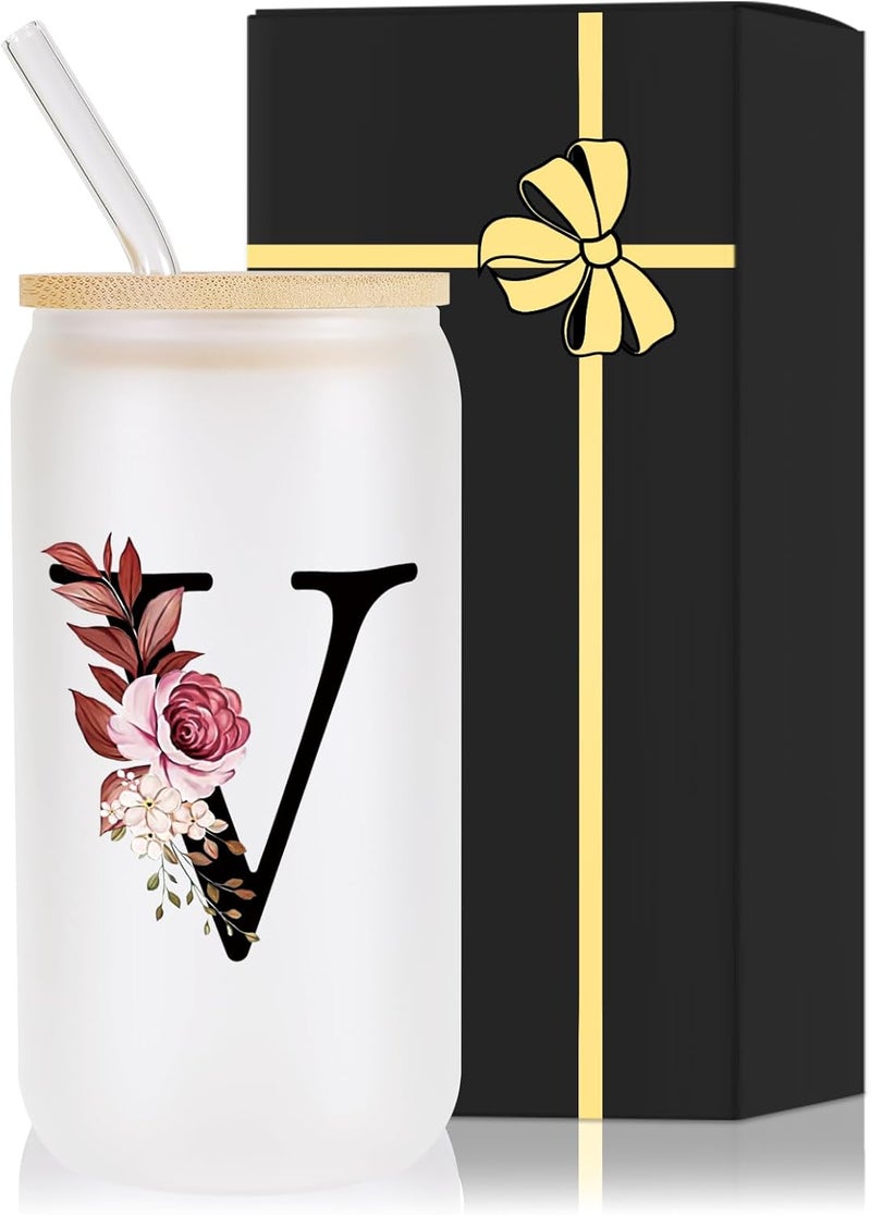 Wulcea Monogrammed Glass Drinking Cup With Lid Straw Women Men Teacher Christmas Math Biology Piano Future Mentor Speech Substitute Ballet Drama Guitar Yoga Montessori Physics Chemistry Band Gifts,V - Image 1