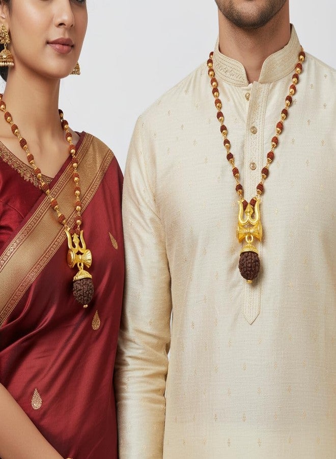The Men Gift Gold-Plated Trishul Damaru Panchmukhi Rudraksha Pendant with Gold Cap Mala, Mahadev Shiva Spiritual Necklace for Men and Women - Image 5