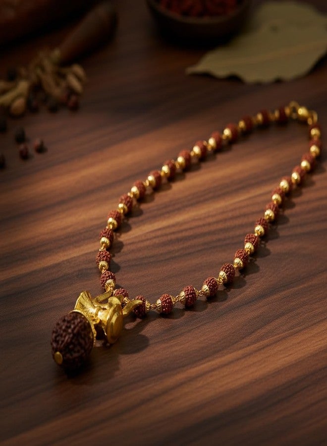 The Men Gift Gold-Plated Trishul Damaru Panchmukhi Rudraksha Pendant with Gold Cap Mala, Mahadev Shiva Spiritual Necklace for Men and Women - Image 3