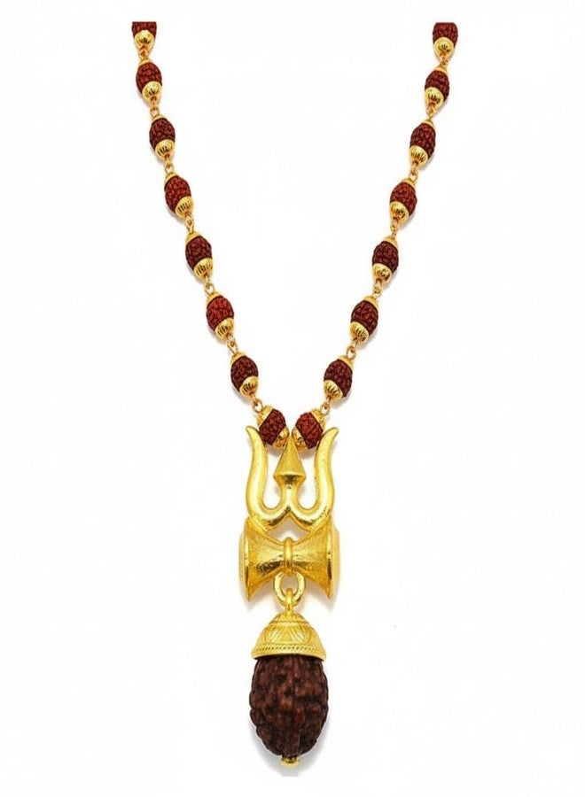 The Men Gift Gold-Plated Trishul Damaru Panchmukhi Rudraksha Pendant with Gold Cap Mala, Mahadev Shiva Spiritual Necklace for Men and Women - Image 1