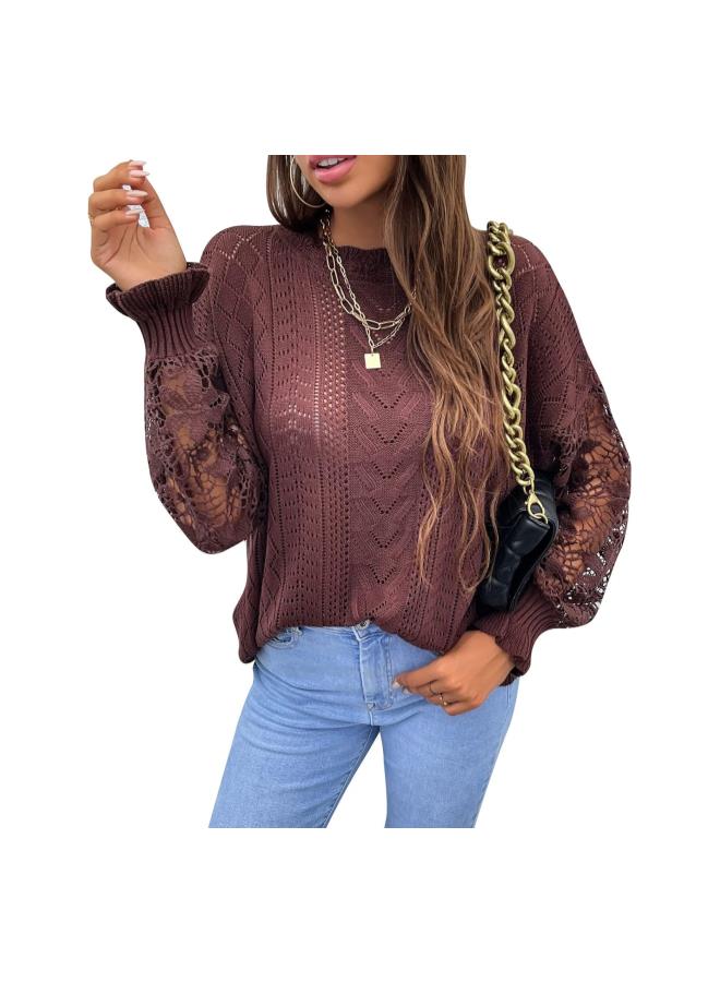 Women Casual Lace Long Sleeve Jumper Knitted Sweater Crew Neck Hollow Out Pullover  - Image 1