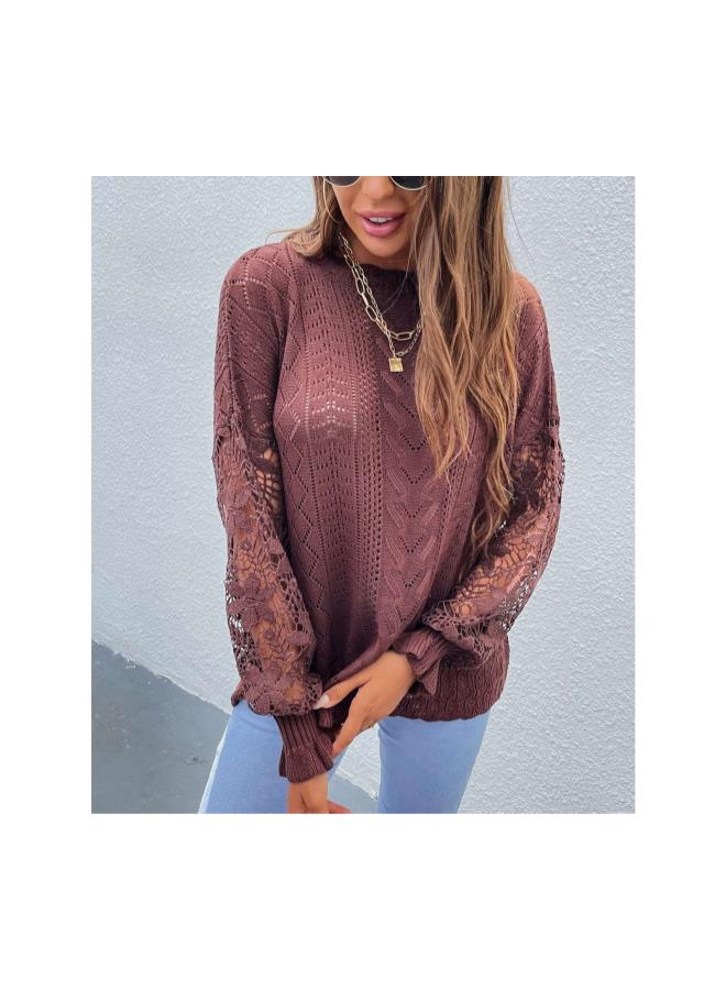 Women Casual Lace Long Sleeve Jumper Knitted Sweater Crew Neck Hollow Out Pullover  - Image 2