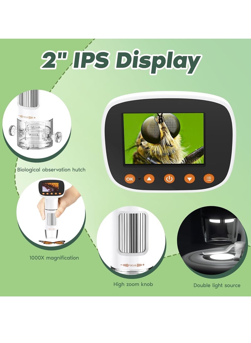 Kids Microscope Including 32GB SD Card and 12 Dspecimens Handheld Digital Microscope with 2 IPS Screen Take Pictures Videos Download to PC Mac 1000X Pocket Microscope - Image 2
