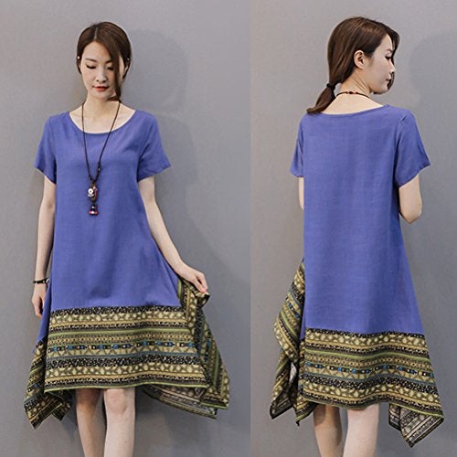Minibee Women's Ethnic Cotton Linen Short Sleeves Irregular Tunic Dress (L, Blue) - Image 3