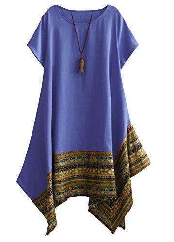 Minibee Women's Ethnic Cotton Linen Short Sleeves Irregular Tunic Dress (L, Blue) - Image 1