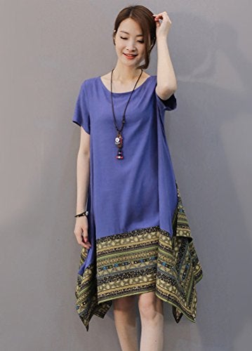 Minibee Women's Ethnic Cotton Linen Short Sleeves Irregular Tunic Dress (L, Blue) - Image 4