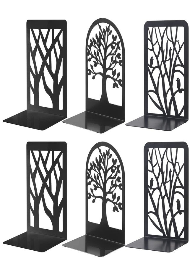 Moocci 3Pairs Metal Bookends - Tree Shadow Design, Fortune Tree and Resting Bird Design, Decorative Black Book Ends - Image 1
