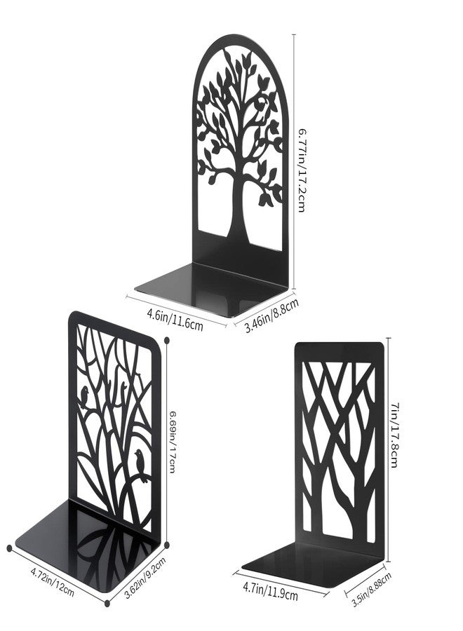 Moocci 3Pairs Metal Bookends - Tree Shadow Design, Fortune Tree and Resting Bird Design, Decorative Black Book Ends - Image 2