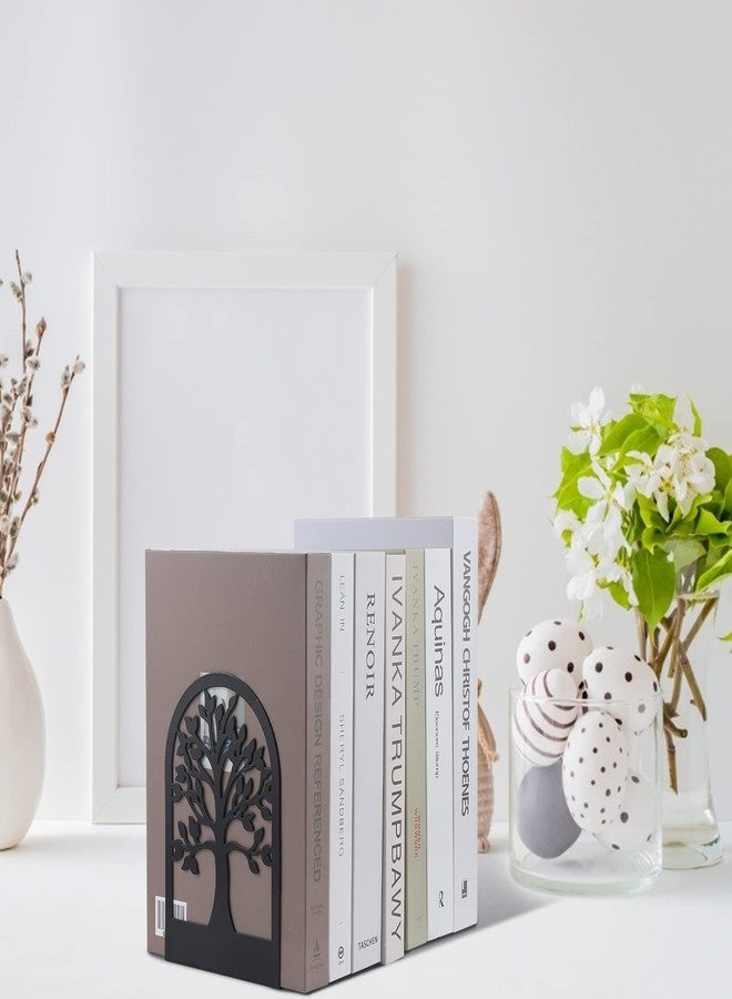 Moocci 3Pairs Metal Bookends - Tree Shadow Design, Fortune Tree and Resting Bird Design, Decorative Black Book Ends - Image 4