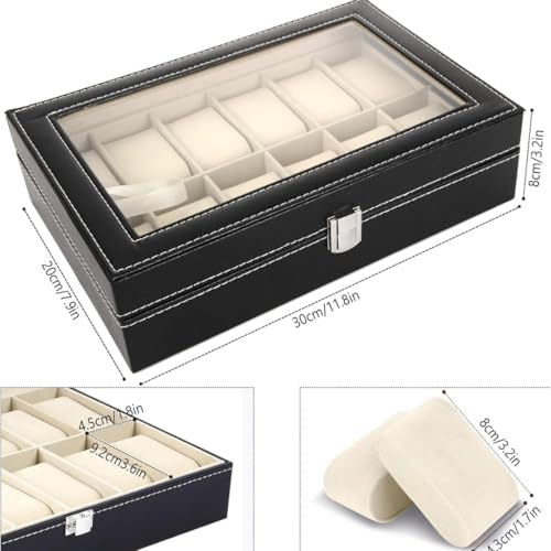 Sprqcart Watch Box 12 Slot Watch Case Storage Organizer for Men & Women with Glass Lid and Metal Latch Lock | Black Faux Leather Display Box for Wrist Watches, Jewelry Accessories - Image 2
