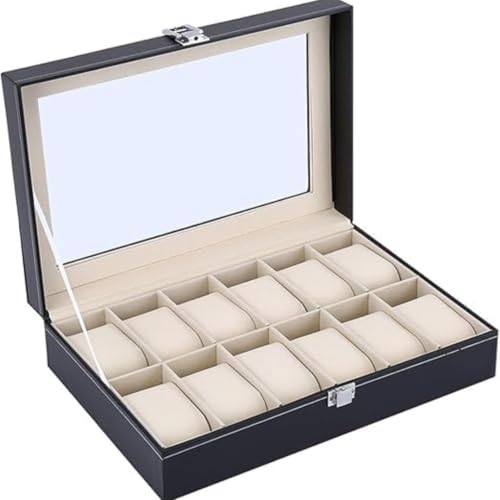 Sprqcart Watch Box 12 Slot Watch Case Storage Organizer for Men & Women with Glass Lid and Metal Latch Lock | Black Faux Leather Display Box for Wrist Watches, Jewelry Accessories - Image 1