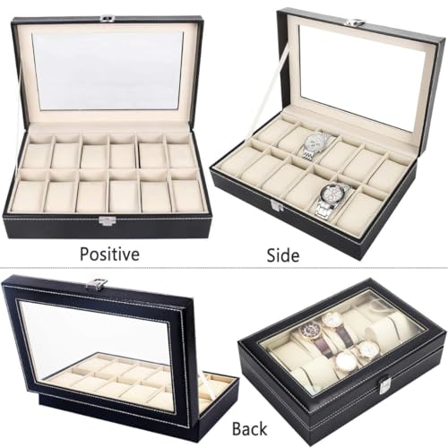 Sprqcart Watch Box 12 Slot Watch Case Storage Organizer for Men & Women with Glass Lid and Metal Latch Lock | Black Faux Leather Display Box for Wrist Watches, Jewelry Accessories - Image 4