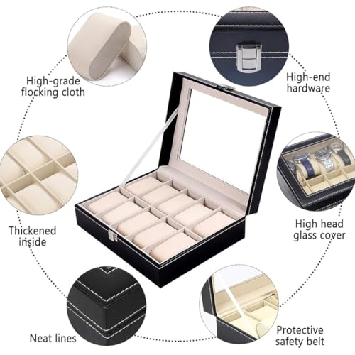 Sprqcart Watch Box 12 Slot Watch Case Storage Organizer for Men & Women with Glass Lid and Metal Latch Lock | Black Faux Leather Display Box for Wrist Watches, Jewelry Accessories - Image 3