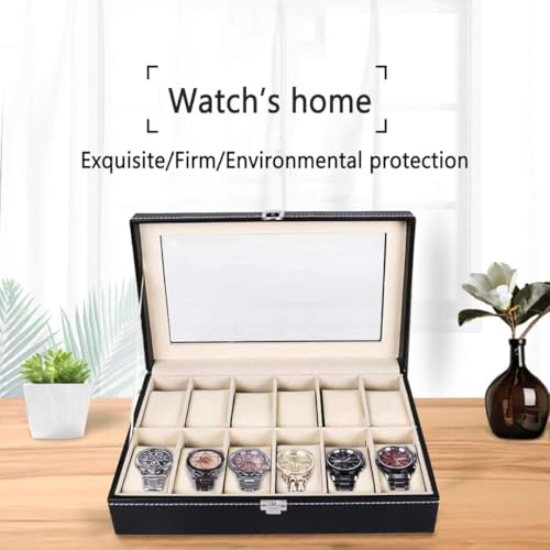 Sprqcart Watch Box 12 Slot Watch Case Storage Organizer for Men & Women with Glass Lid and Metal Latch Lock | Black Faux Leather Display Box for Wrist Watches, Jewelry Accessories - Image 5
