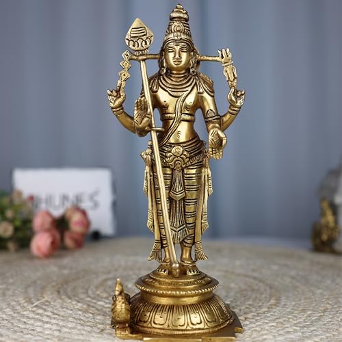 Bhunes Brass Murugan Brass Idol Sculpture – Kartikeya Subramanya Skanda Velan Shanmukha Arumugan Saravana Senthil Moorthi Statue for Puja Home Decor Gifts, Gold, 11 Inch, 1 Piece - Image 1