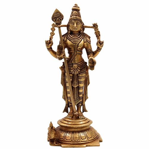 Bhunes Brass Murugan Brass Idol Sculpture – Kartikeya Subramanya Skanda Velan Shanmukha Arumugan Saravana Senthil Moorthi Statue for Puja Home Decor Gifts, Gold, 11 Inch, 1 Piece - Image 2