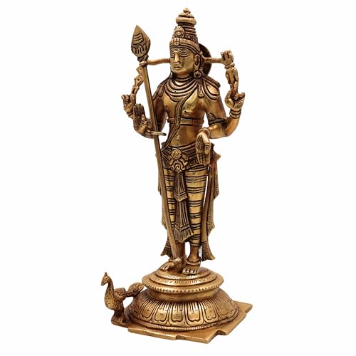 Bhunes Brass Murugan Brass Idol Sculpture – Kartikeya Subramanya Skanda Velan Shanmukha Arumugan Saravana Senthil Moorthi Statue for Puja Home Decor Gifts, Gold, 11 Inch, 1 Piece - Image 4