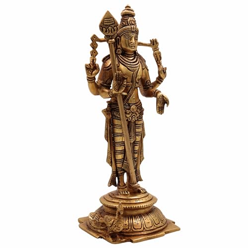 Bhunes Brass Murugan Brass Idol Sculpture – Kartikeya Subramanya Skanda Velan Shanmukha Arumugan Saravana Senthil Moorthi Statue for Puja Home Decor Gifts, Gold, 11 Inch, 1 Piece - Image 3