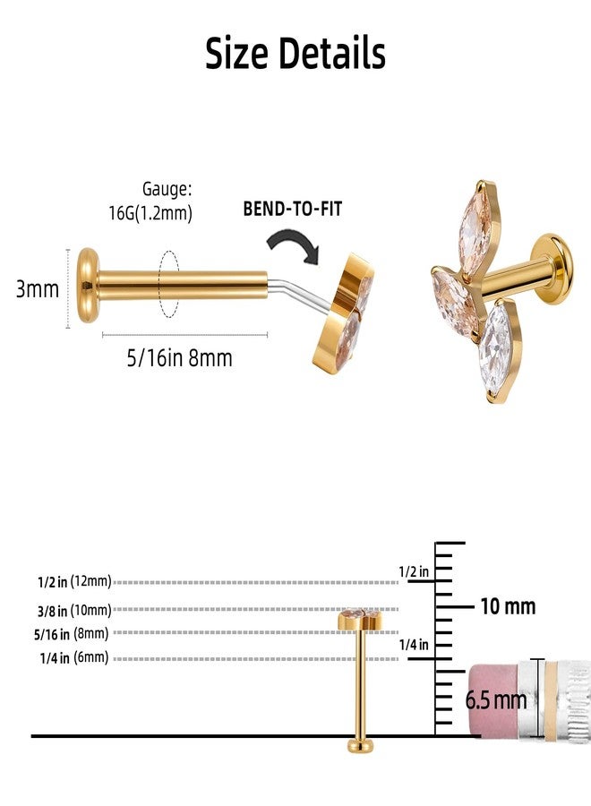 Humorrap Gold Piercing Jewelry for Conch Helix Tragus Flat 16G 8mm - ASTM F136 Titanium Champagne Cartilage Flatback Stud Earring, Cubic Zirconia Labret Ring, Push Pin, Threadless - Image 2
