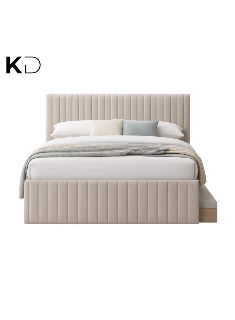 KustomDeco Amara Bed Modern Upholstered Bed with Vertical Channel Tufted Headboard & Pull-Out Trundle Customizable Design Bed Super Queen Size 160x200cm Beige - Image 1