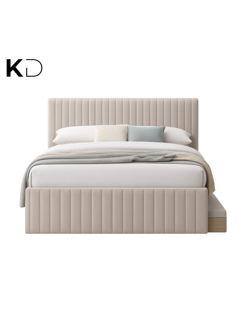 KustomDeco Amara Bed Modern Upholstered Bed with Vertical Channel Tufted Headboard & Pull-Out Trundle Customizable Design Bed Super Queen Size 160x200cm Beige - Image 2