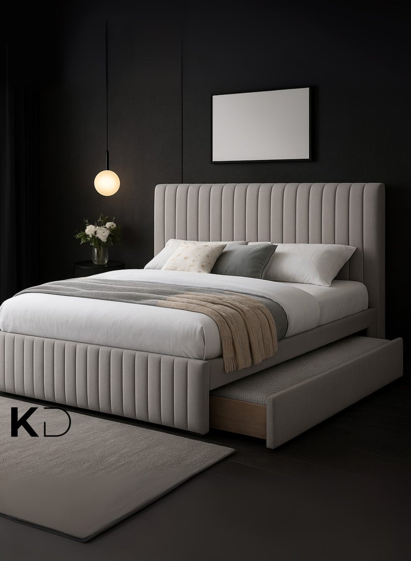 KustomDeco Amara Bed Modern Upholstered Bed with Vertical Channel Tufted Headboard & Pull-Out Trundle Customizable Design Bed Super Queen Size 160x200cm Beige - Image 4