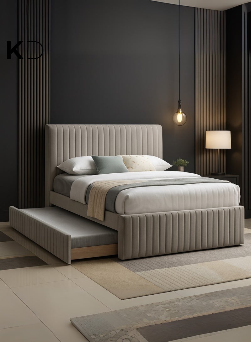 KustomDeco Amara Bed Modern Upholstered Bed with Vertical Channel Tufted Headboard & Pull-Out Trundle Customizable Design Bed Super Queen Size 160x200cm Beige - Image 3