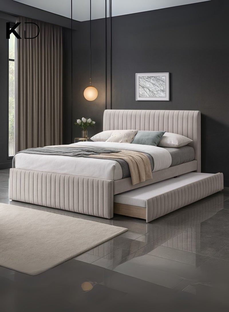 KustomDeco Amara Bed Modern Upholstered Bed with Vertical Channel Tufted Headboard & Pull-Out Trundle Customizable Design Bed Super Queen Size 160x200cm Beige - Image 5
