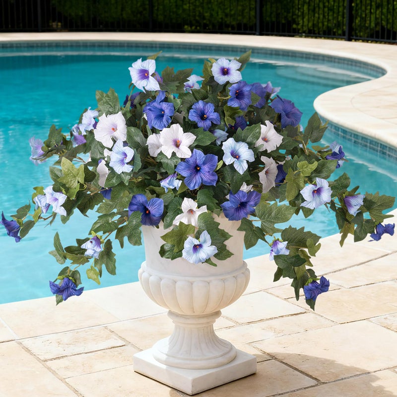 Ammyoo Artificial Fake Petunia Flowers for Outdoor Decoration, 2PCS Faux Silk Petunias Flower for Spring UV Resistant No Fade Realistic Plants for Garden Balcony Yard Porch Indoor Decor(Blue White) - Image 1