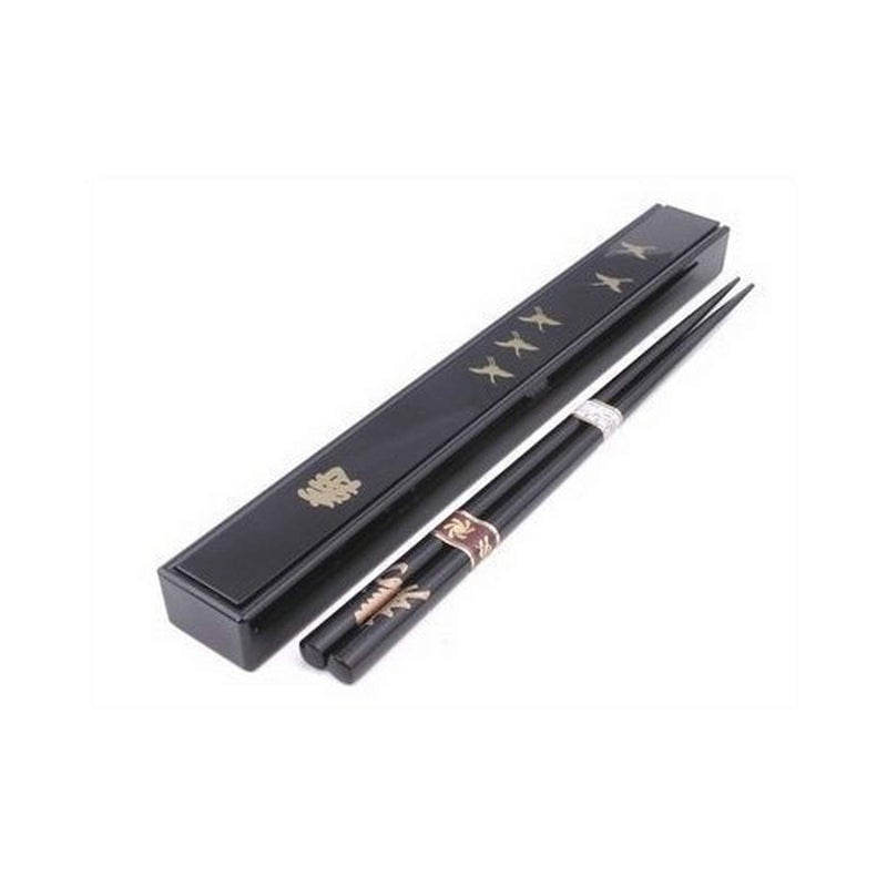 JapanBargain 3640 Japanese Portable Chopsticks with Case Travel Chopsticks Crane Pattern Black Made in Japan