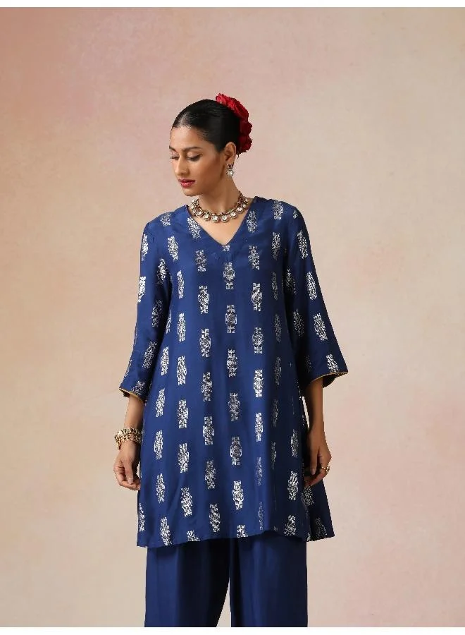 trueBrowns trueBrowns Blue Silver Foil Print Muslin Silk Kurta Farsi Pants Set