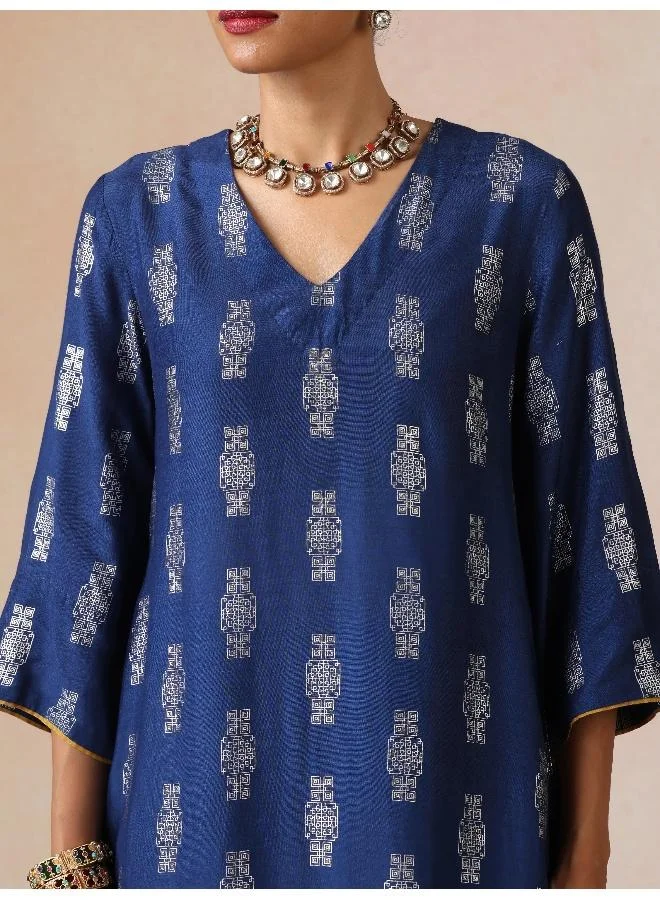trueBrowns trueBrowns Blue Silver Foil Print Muslin Silk Kurta Farsi Pants Set