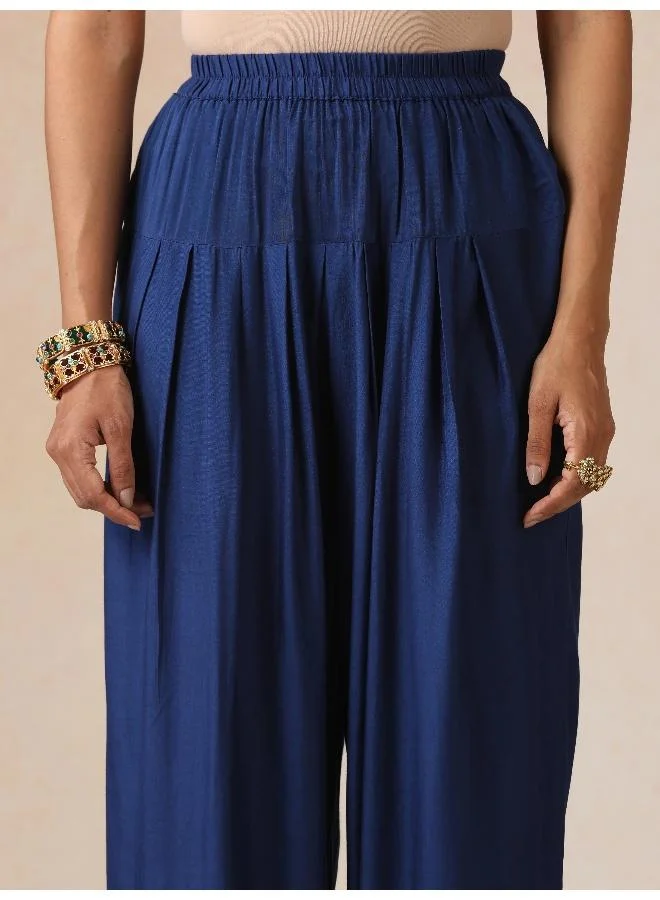 trueBrowns trueBrowns Blue Silver Foil Print Muslin Silk Kurta Farsi Pants Set