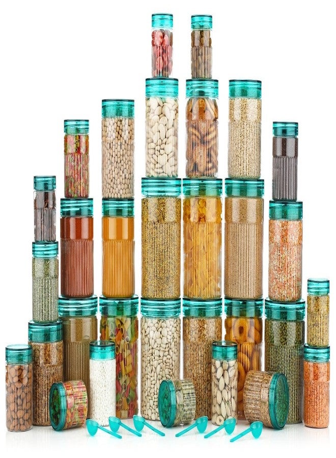 ReeQ Plastic Grocery Container set 24 (6 x 250ml, 6 x 350ml, 6 x 650ml, 6 x 1200ml) with Spoons, Air-tight, Design - Kitchen Container | Food Storage | Pet Jars | Kitchen Organiser (GLOSSY SEA GREEN) - Image 5