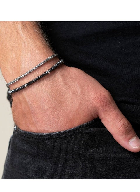 Men’s Hip-Hop Elastic Natural Stone Bracelet Set – Multi-Layer Wrap Chain, Black Hematite Beads