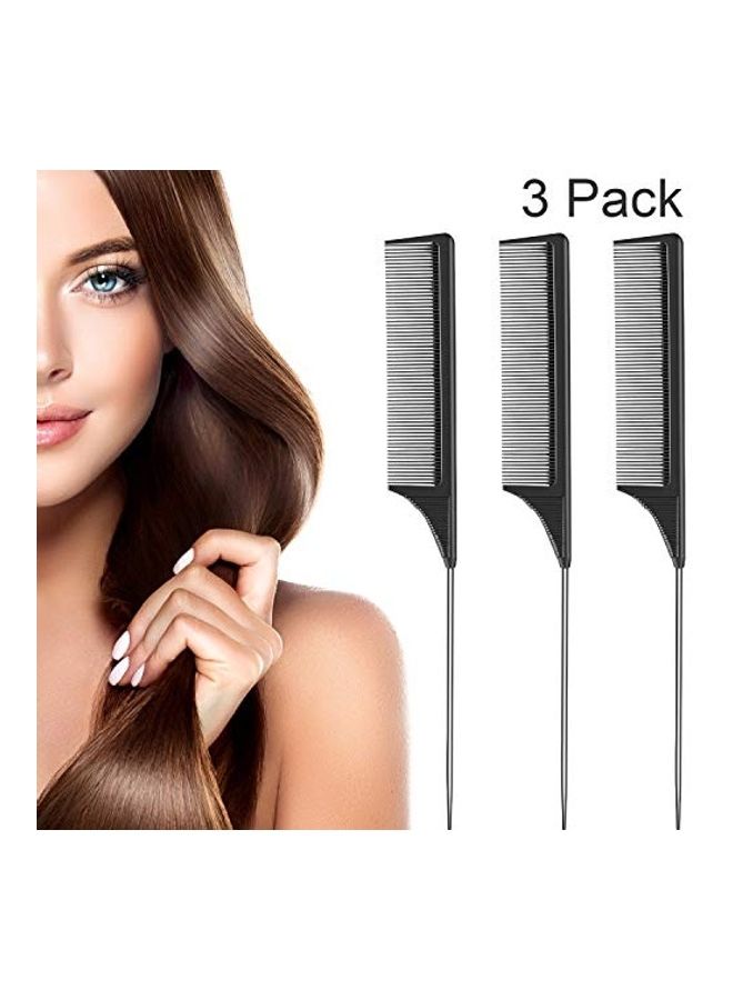 Leinuosen 3 Packs Rat Tail Comb Steel Pin Rat Tail Carbon Fiber Heat Resistant Teasing Combs with Stainless Steel Pintail (Black)