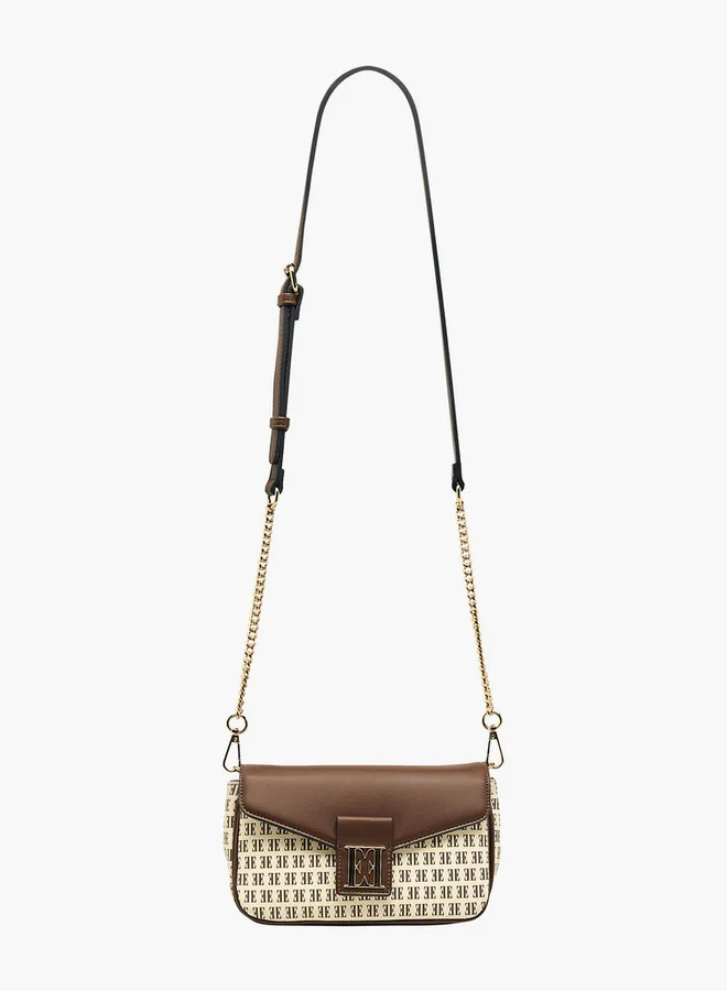 ELLE Monogram Print Crossbody Bag with Adjustable Strap and Button Closure