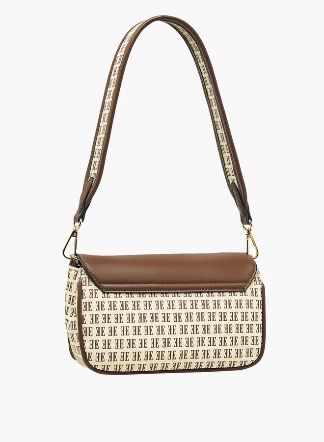 ELLE Monogram Print Crossbody Bag with Adjustable Strap and Button Closure