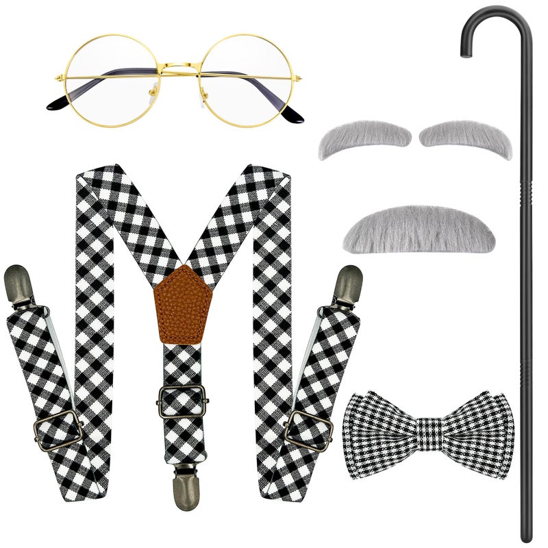 Horolam Kids Old Man Costume  Kids 100 Days Of School Costume For Boys With Fake Beard Eyebrow Walking Cane Glasses Suspender - Image 1