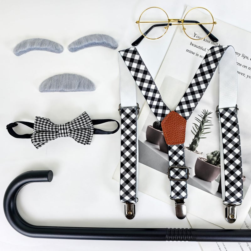 Horolam Kids Old Man Costume  Kids 100 Days Of School Costume For Boys With Fake Beard Eyebrow Walking Cane Glasses Suspender - Image 4