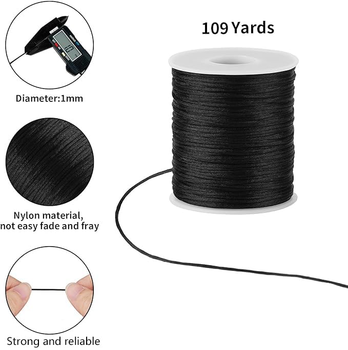 Kblick Black Nylon String Cord - 1MM 100 Yards Black Twine, Bracelet String for Bracelet Making, Braided Ornament Lanyard Thread, Jewelry Thread Clay Bead Cords for Crafts, Macrame Satin - Image 2