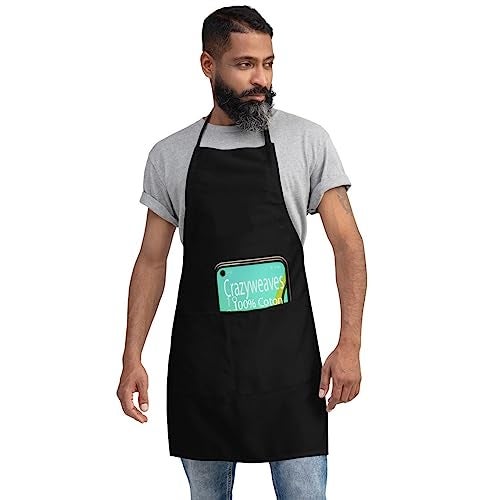 CRAZYWEAVES 100% Soft and Cool Cotton Kitchen Apron with Front Centre Pocket, Adjustable Neck Strap and Tie, Restaurants, Catering, Kitchen, Chef Apron for Unisex (Plain Black) - Image 2