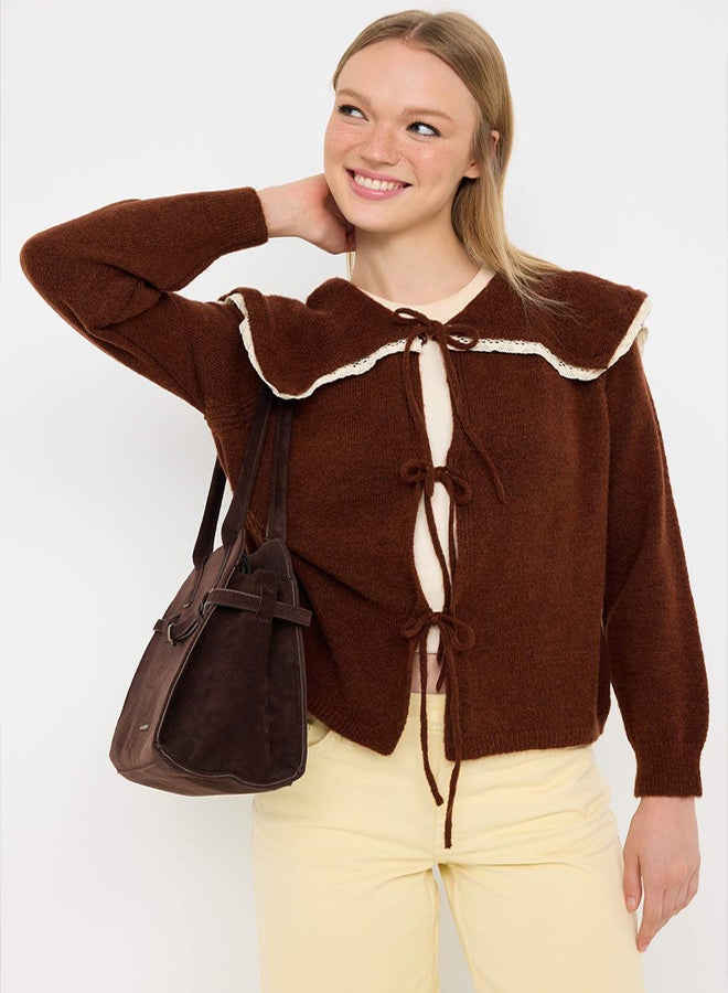 trendyol Teen Brown Soft Textured Lacing Detailed Knitwear Cardigan - Image 1