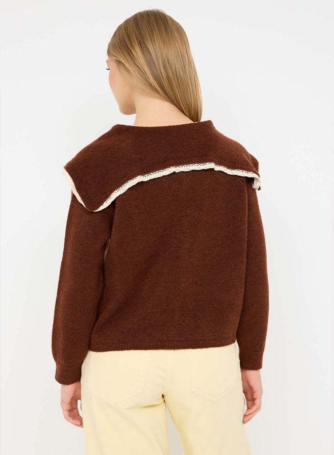 trendyol Teen Brown Soft Textured Lacing Detailed Knitwear Cardigan - Image 4