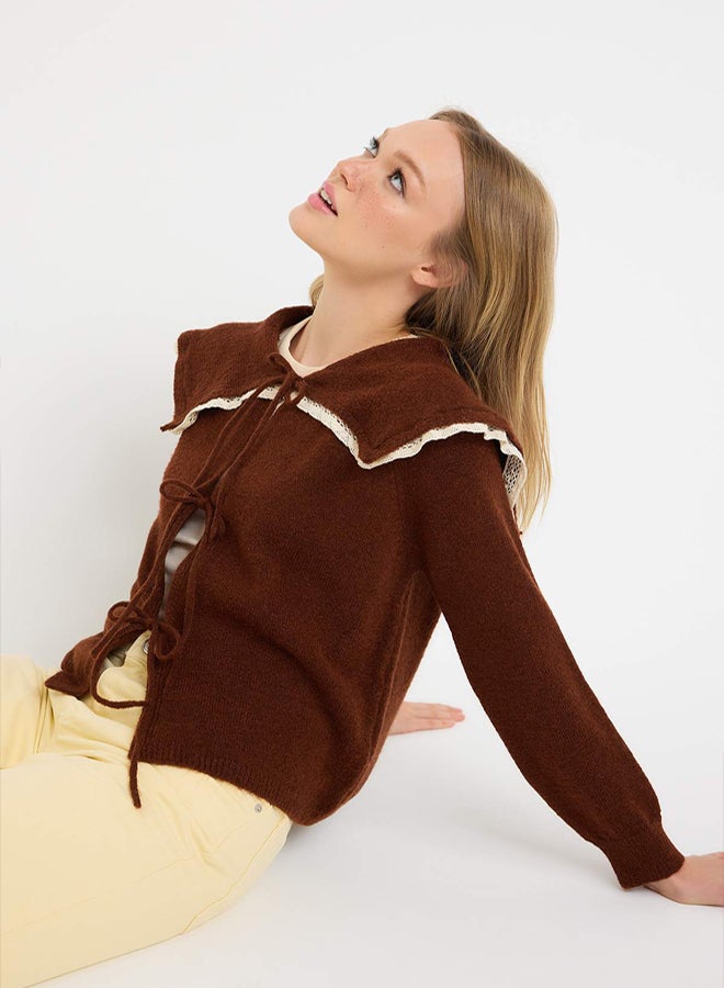trendyol Teen Brown Soft Textured Lacing Detailed Knitwear Cardigan - Image 2