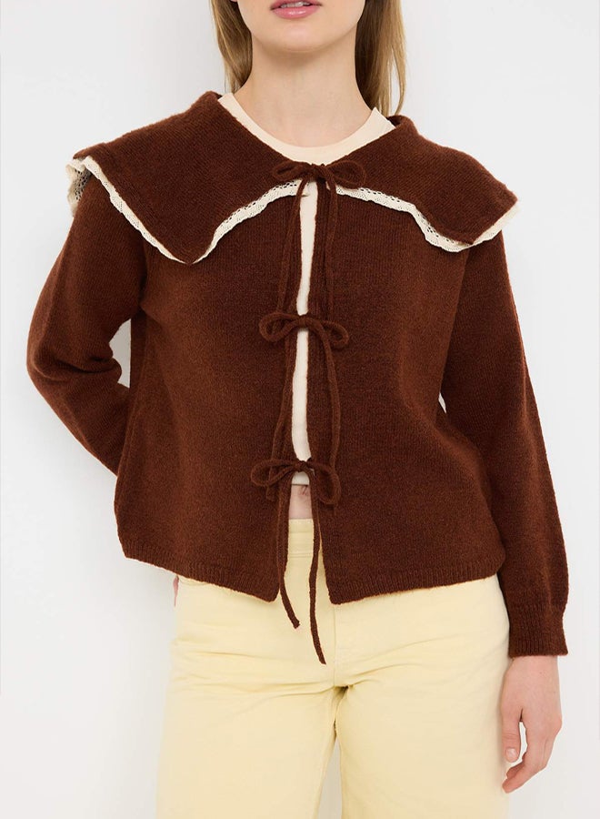 trendyol Teen Brown Soft Textured Lacing Detailed Knitwear Cardigan - Image 3