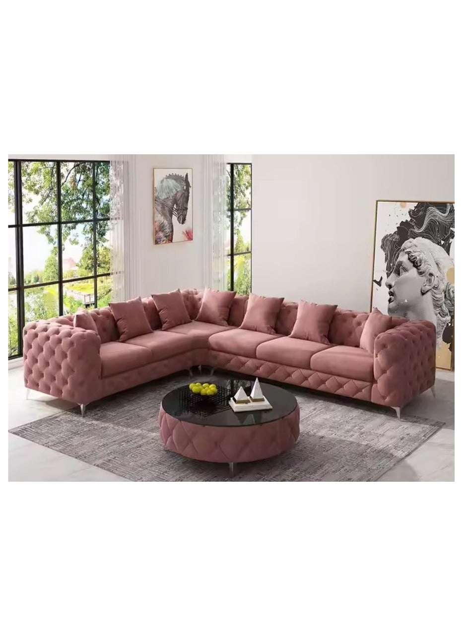 Maharat Furniture Golden-Legged L-Shaped Chesterfield Sofa Set – Luxury Velvet 6-Seater, Blush Pink – Traditional Elegance for Living Room