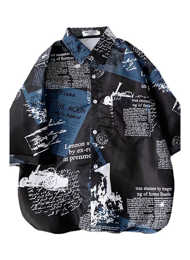 قميص بقصة واسعة مزين بطبعات أسود/أزرق/أبيض